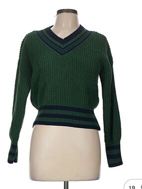 hazel Green V-Neck Sweater with Navy Stripe Trim